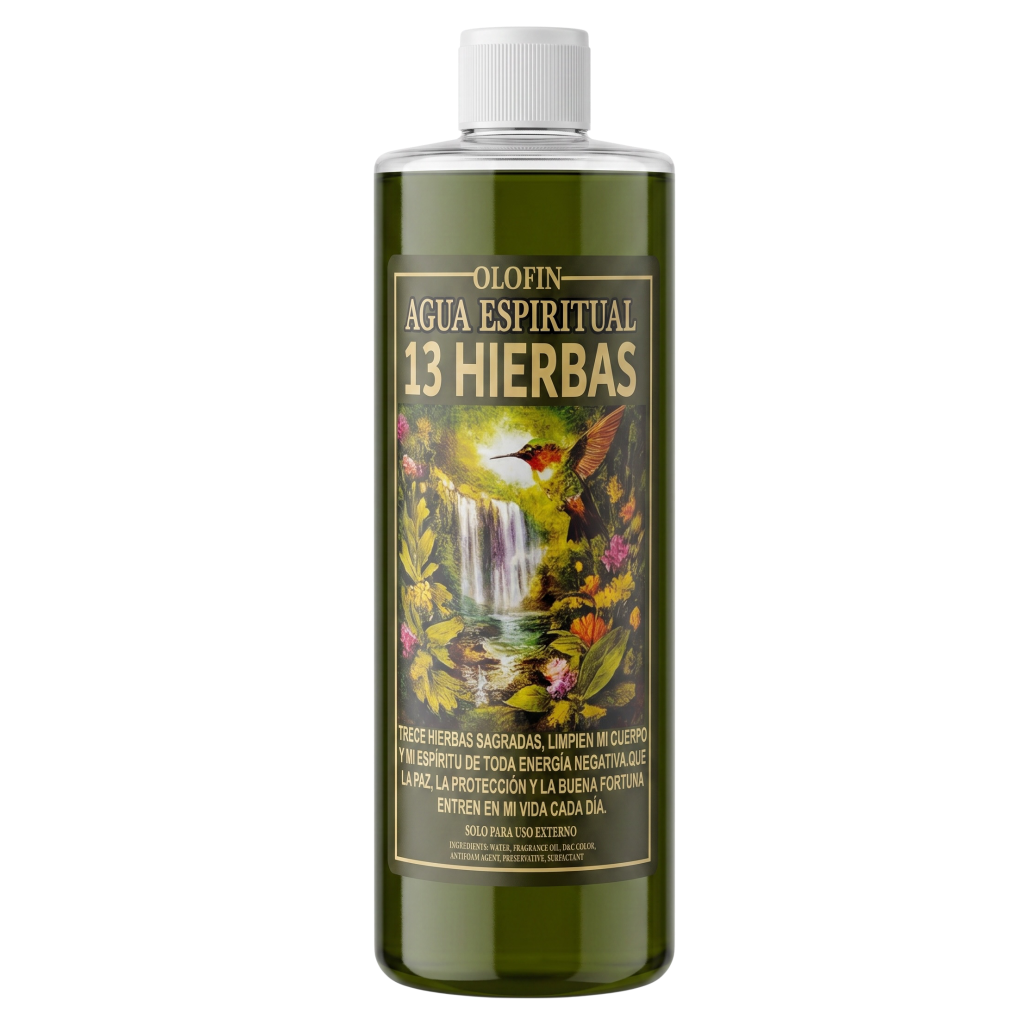 A bottle of Olofin Agua Espiritual 13 Hierbas herbal bath salts, featuring a dark green liquid and a label with a colorful nature illustration of a waterfall and hummingbird.