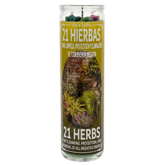 A tall glass jar candle labeled 'Olofin 21 Hierbas' with a yellow-green label, botanical illustration, and white text on a plain white background.