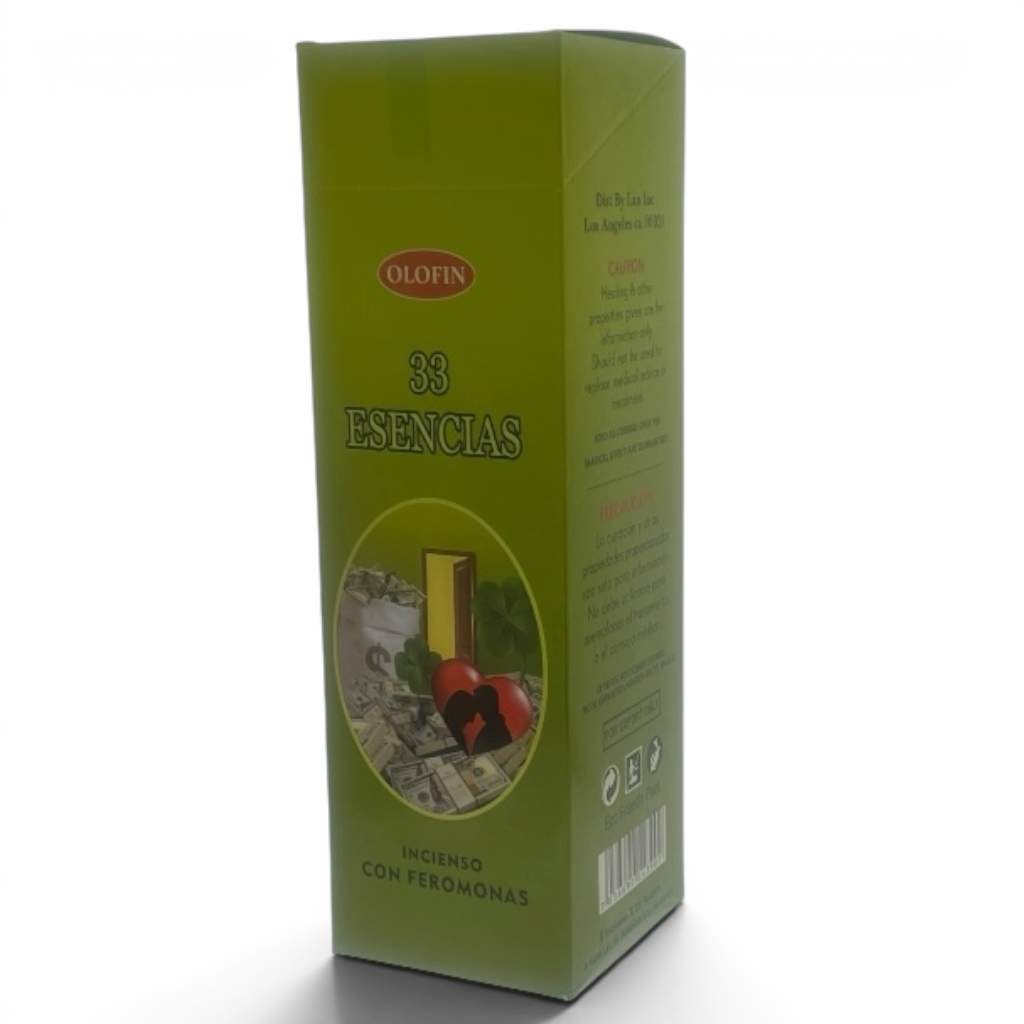 A tall green rectangular box of Olofin 33 Encias incense with feromonas, shown on a plain white background with a soft shadow.