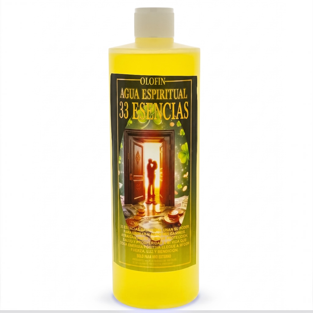 A plastic bottle of Olofin Agua Espiritual 33 Esencias with a white cap, filled with bright yellow liquid, set against a plain white background.