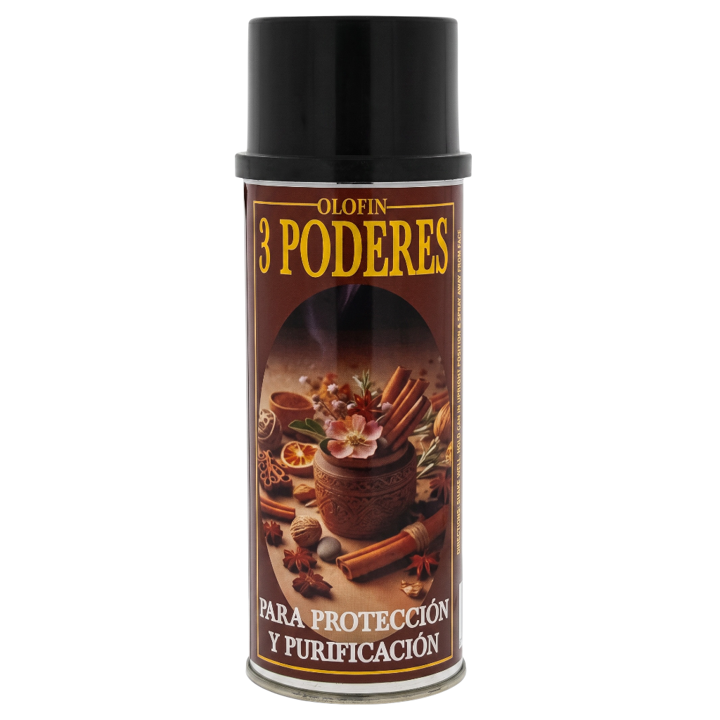 A can of Olofin 3 Poderes protection and purification spray with a black cap and a brown label featuring cinnamon and spices.