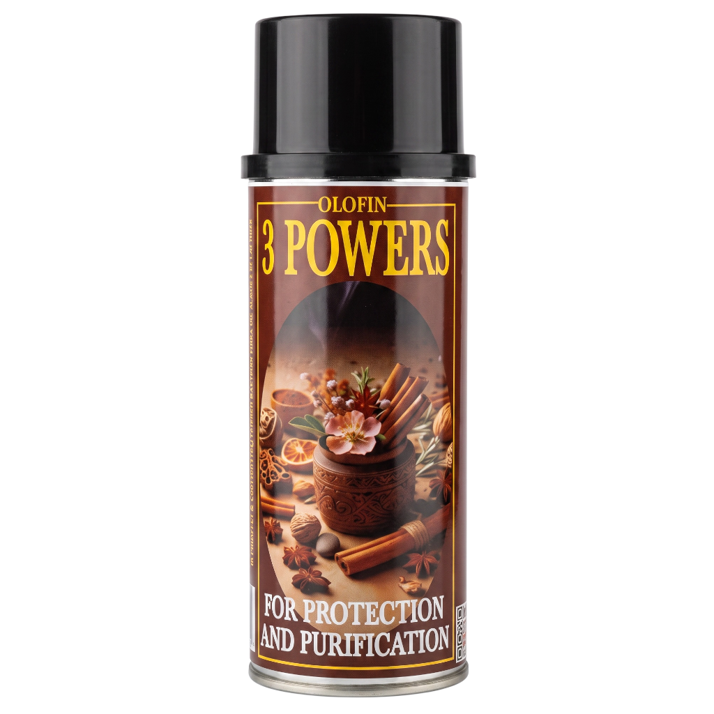 A can of Olofin 3 Powers Protection and Purification spray with a black cap and a brown label featuring cinnamon and flowers.