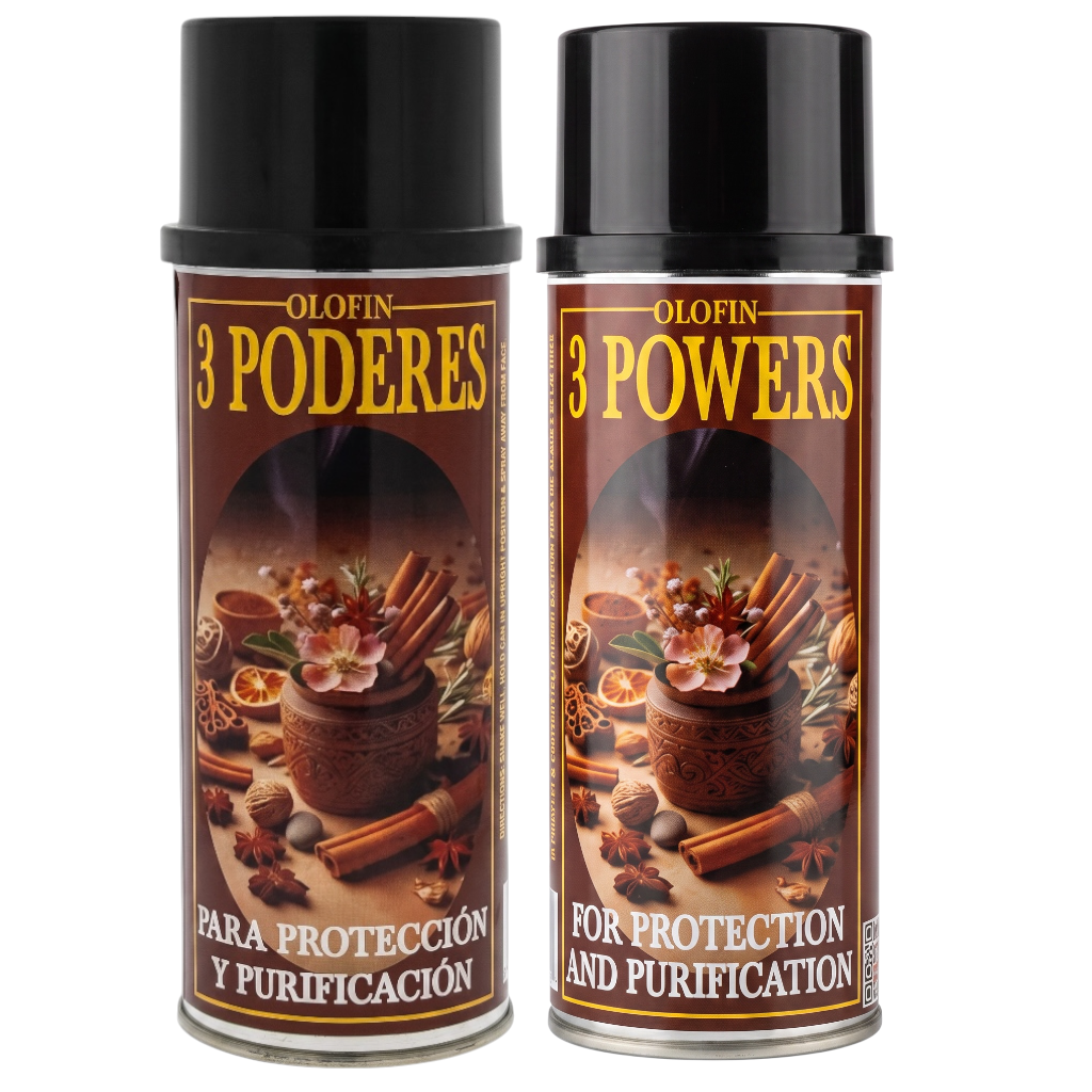 Two aerosol spray cans of Olofin 3 Poderes (3 Powers) protection and purification spray, shown side-by-side on a plain white background.