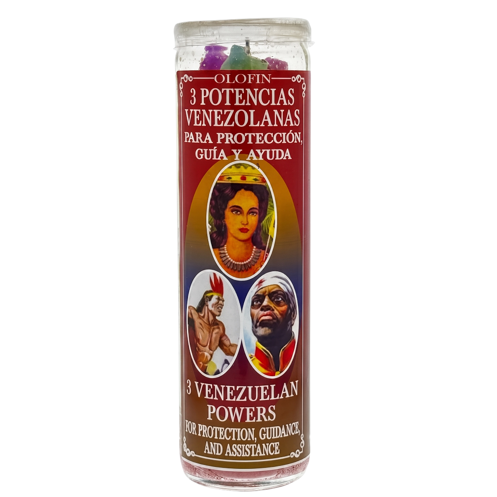 A tall glass jar candle labeled '3 Potencias Venezolanas' with red, gold, and brown graphics and images of three figures, on a plain white background.
