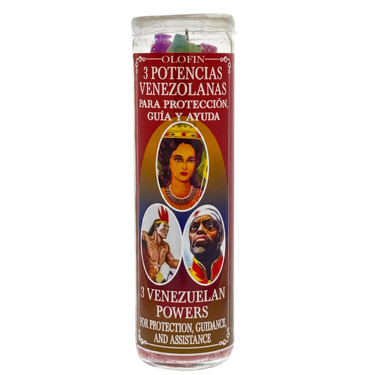 A tall glass jar candle labeled '3 Potencias Venezolanas' with red, gold, and brown graphics and images of three figures, on a plain white background.
