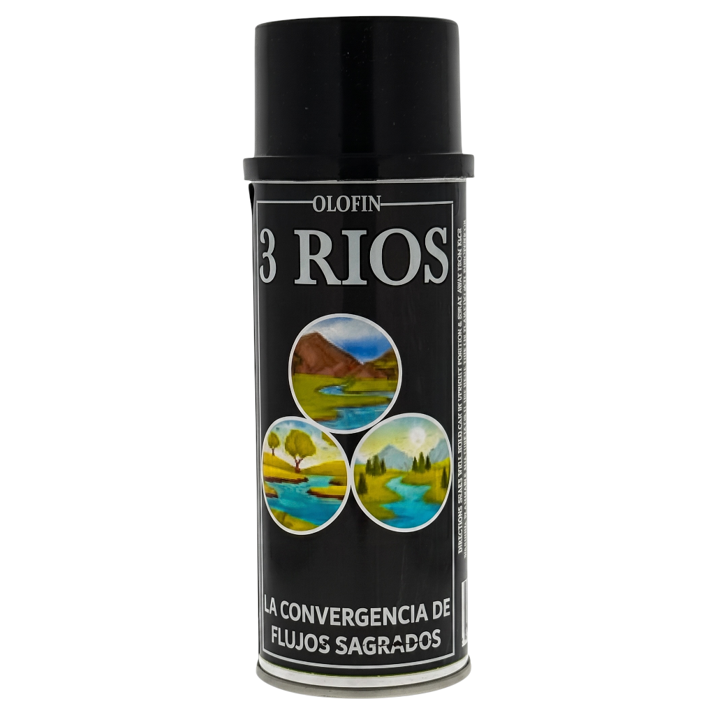 A black spray can of Olofin 3 Rios Sacred Water Convergence, featuring three circular landscape illustrations on the label, set against a plain white background.