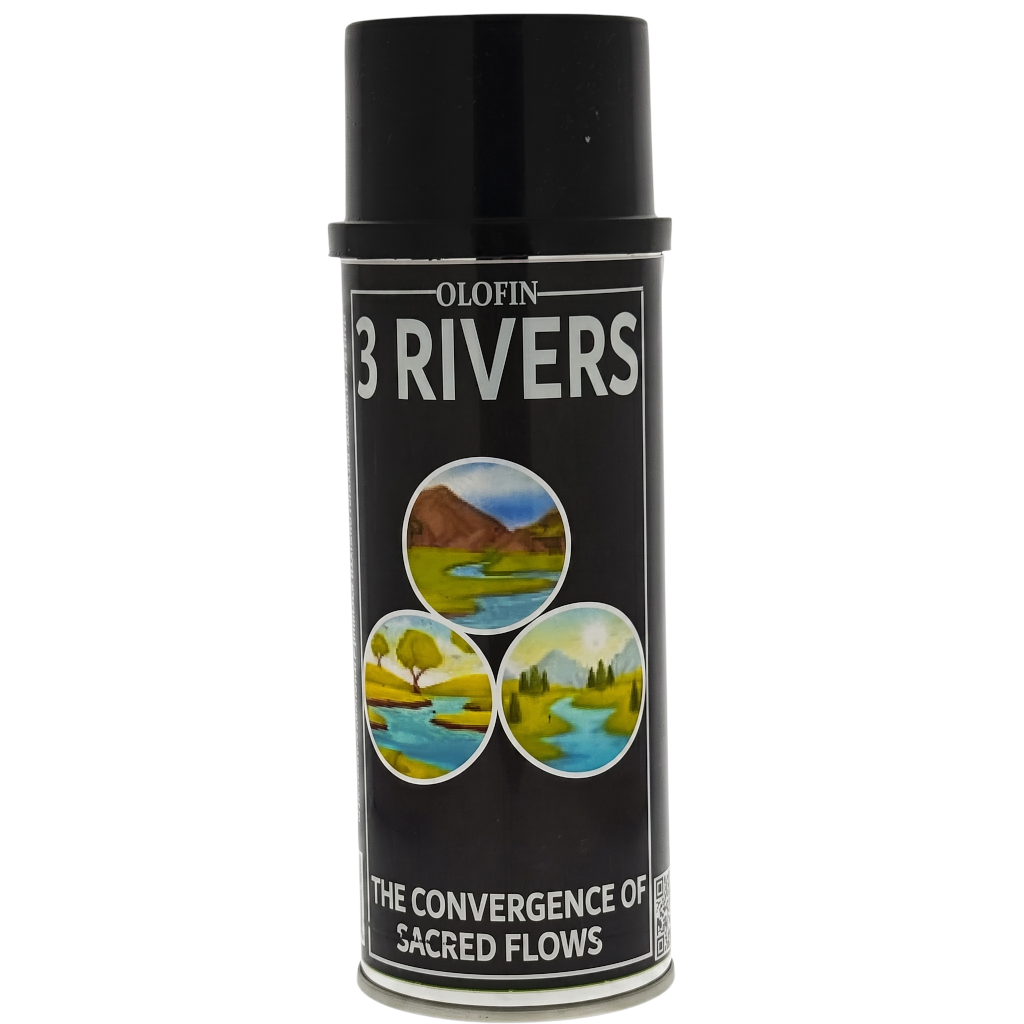 A black spray can of Olofin 3 Rivers 'The Convergence of Sacred Flows' perfume, featuring three circular landscape illustrations on the label, set against a plain white background.