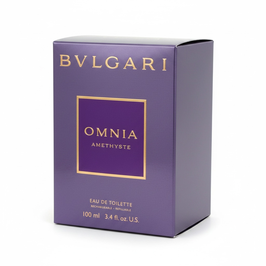 Bulgari Omnia Amethyste Eau de Toilette packaging on a white background