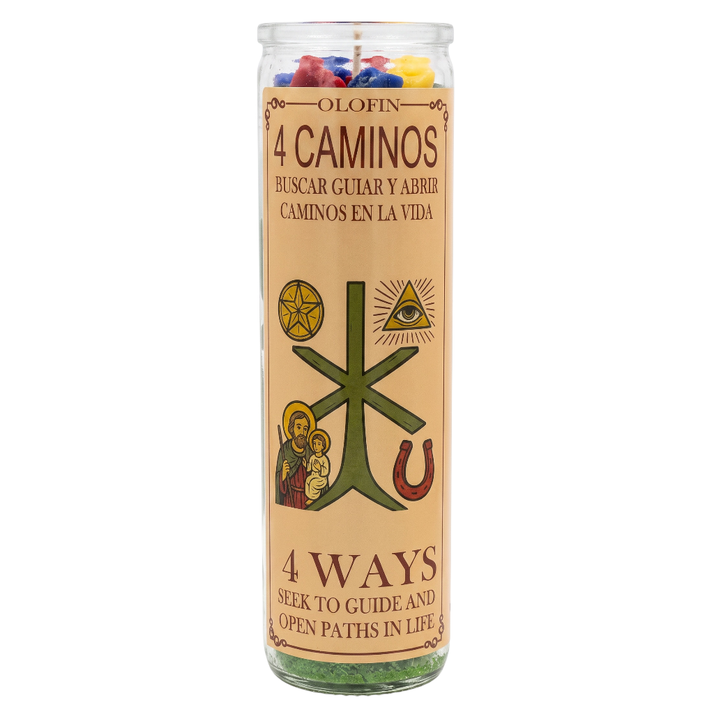 A tall glass prayer candle with a beige label reading '4 CAMINOS / 4 WAYS' and religious-style symbols, shown on a plain white background. Multicolored wax is visible at the top, and green wax is visible at the bottom of the glass container.