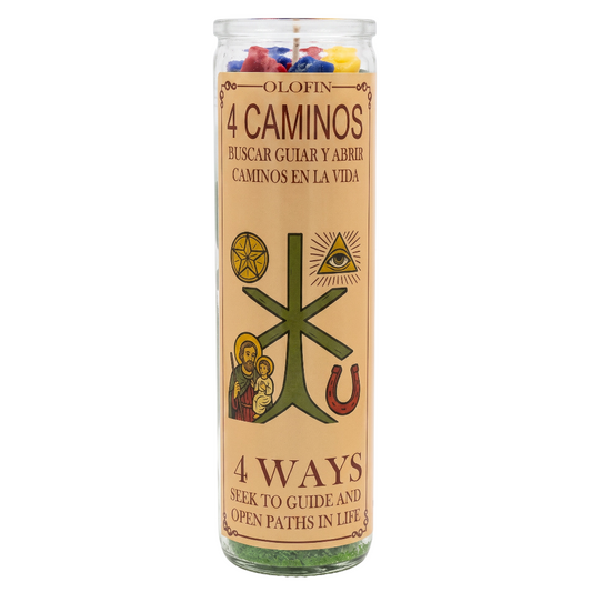 A tall glass prayer candle with a beige label reading '4 CAMINOS / 4 WAYS' and religious-style symbols, shown on a plain white background. Multicolored wax is visible at the top, and green wax is visible at the bottom of the glass container.
