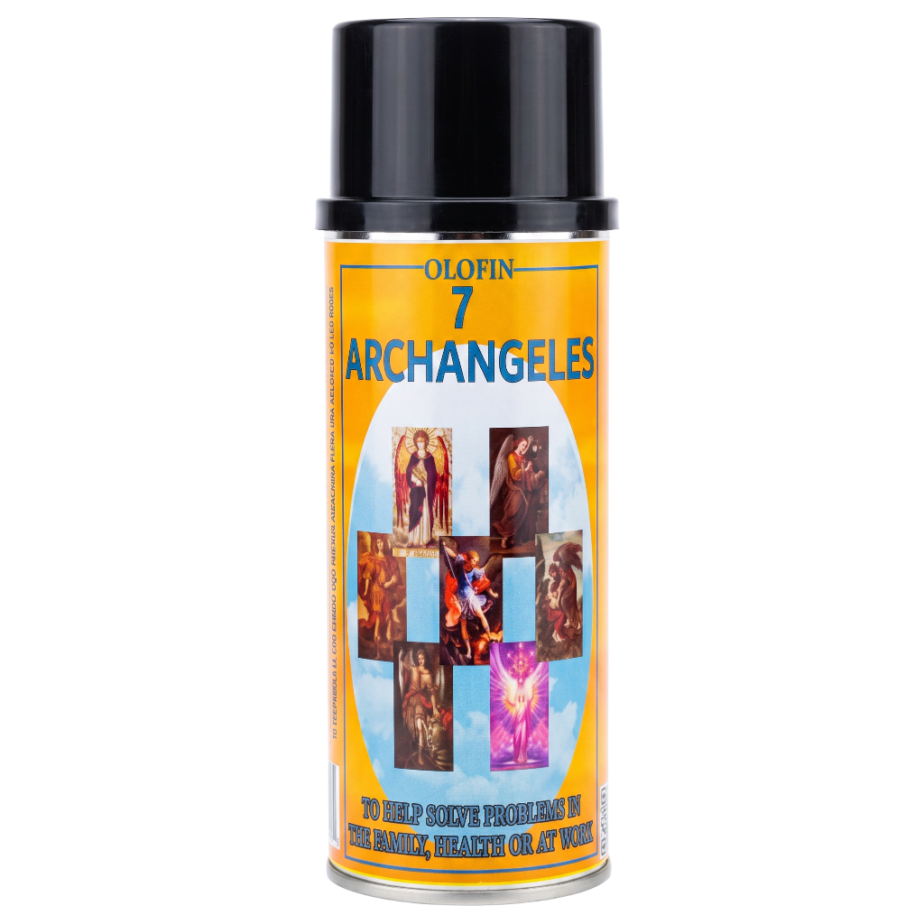 A can of Olofin 7 Archangeles spray oil with a black cap and a yellow label featuring blue text and religious imagery, set against a plain white background.