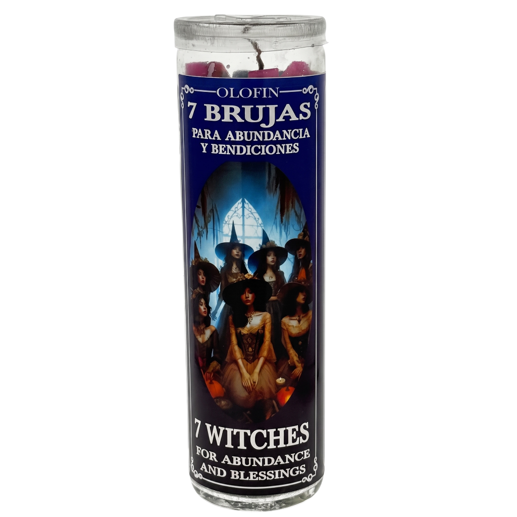 A tall glass jar candle with a dark blue label featuring the text '7 Brujas Para Abundancia Y Bendiciones' and an illustration of seven witches, shown on a plain white background.