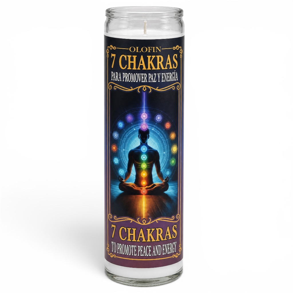 A tall glass prayer candle with a black label featuring the text 'OLOFIN 7 CHAKRAS PARA PROMOVER PAZ Y ENERGIA' and an illustration of a meditating figure with glowing multicolored chakras, shown on a white background.