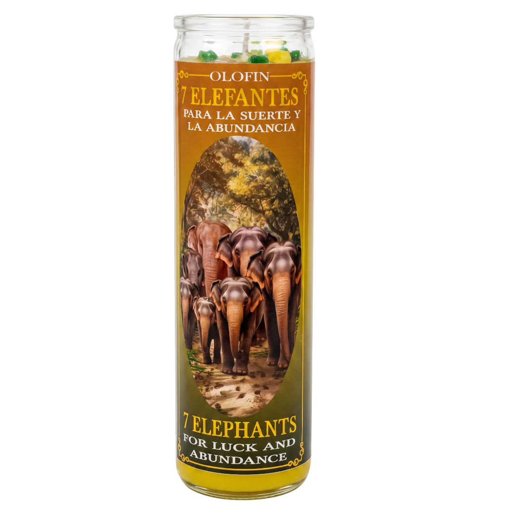 A tall glass jar candle with a clear lid, featuring a label that reads 'Olofin 7 Eleantes' and '7 Elephants for Luck and Abundance,' with an image of seven elephants on a golden background.