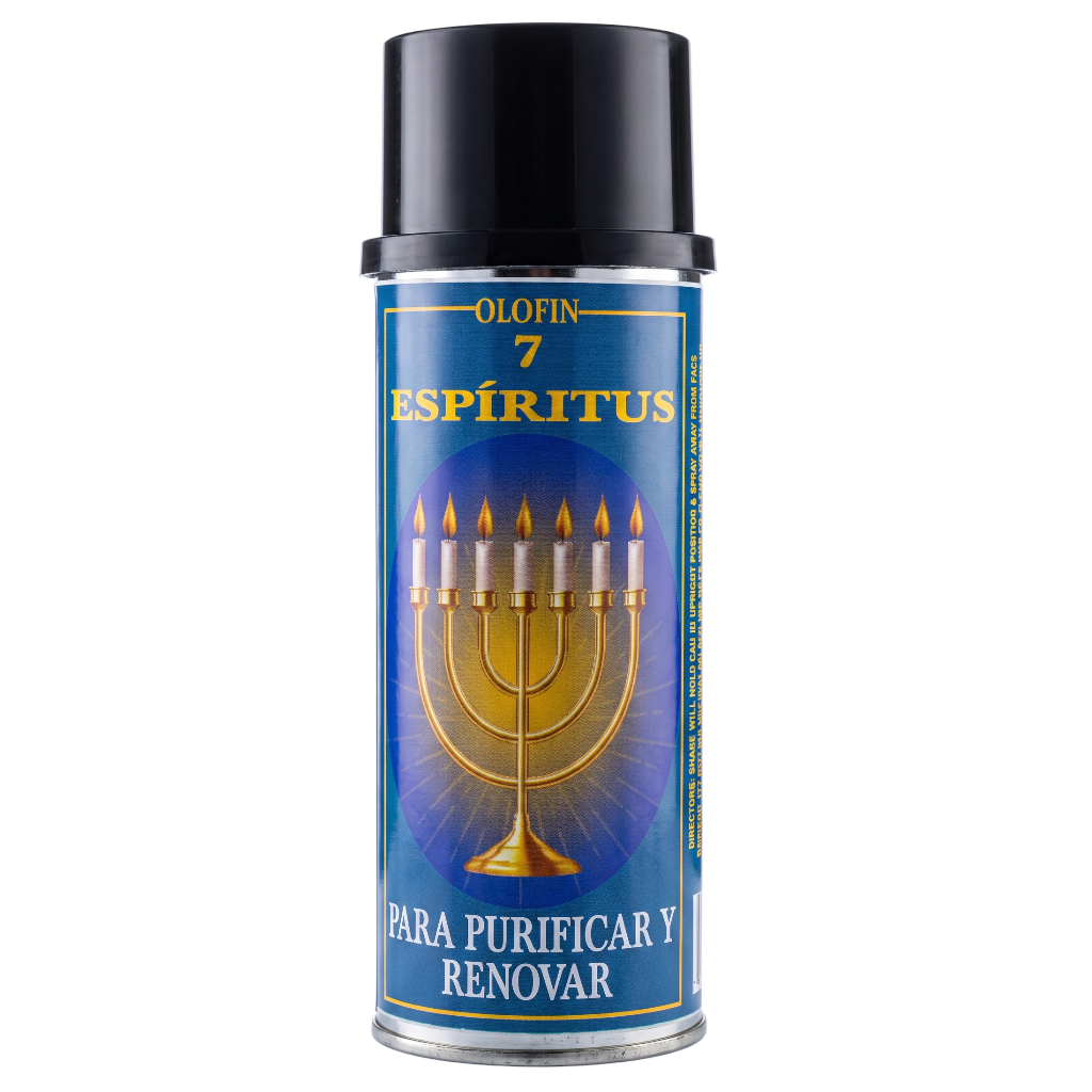 A single aerosol spray can of Olofin Espíritus 7, designed for purification and renewal, featuring a blue label with a gold menorah and flames, topped with a black cap, on a plain white background.