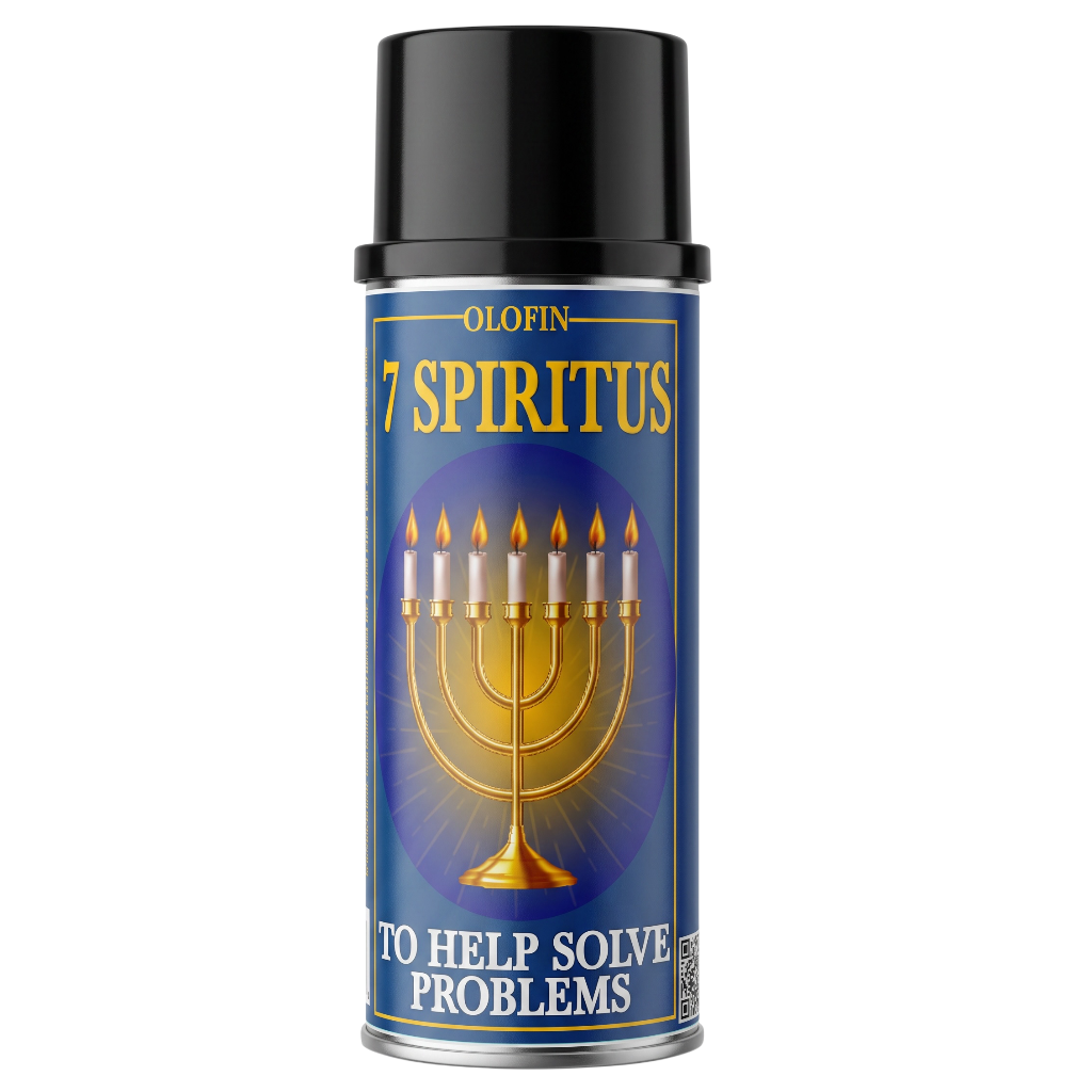 A can of Olofin 7 Spiritus spray with a black cap and a blue label featuring a gold menorah with lit candles and the text 'TO HELP SOLVE PROBLEMS'.
