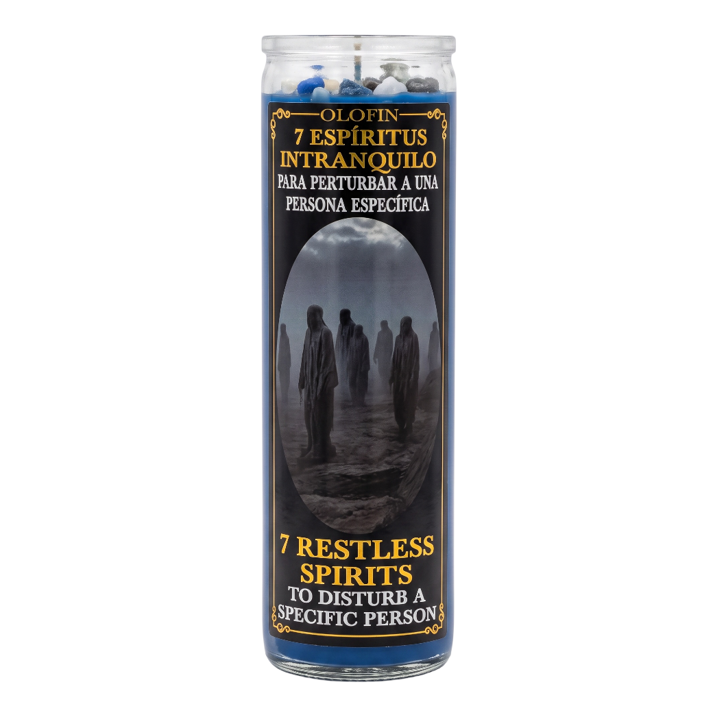 A tall glass jar candle with a dark blue and black label featuring a circular image of cloaked figures in a misty landscape. The label includes gold and white text reading '7 Espiritus Intra-Quillo' and '7 Restless Spirits to Disturb a Specific Person'.