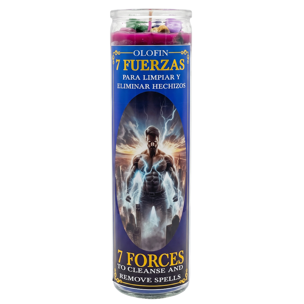 A tall glass jar candle labeled '7 FUERZAS' by Olofin, featuring a blue label with a warrior illustration and text that reads '7 FORCES TO CLEANSE AND REMOVE SPELLS.' The candle is shown on a plain white background.