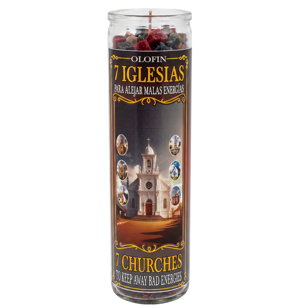 A tall glass jar candle labeled 'Olofin 7 Iglesias' with a dark label featuring a church illustration and Spanish text, shown on a plain white background.