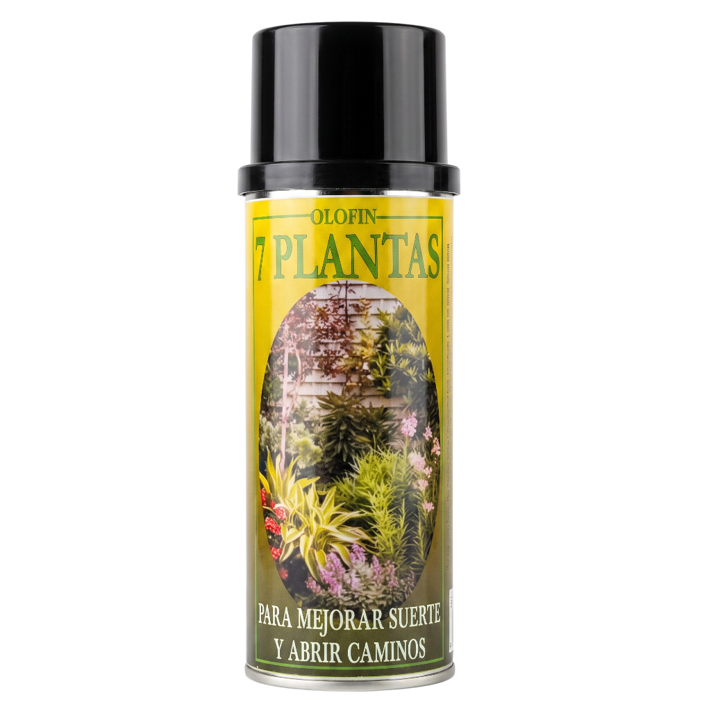 A can of Olofin '7 Plantas' plant growth stimulator, featuring a yellow label with green text and a central illustration of lush green plants, topped with a black cap.