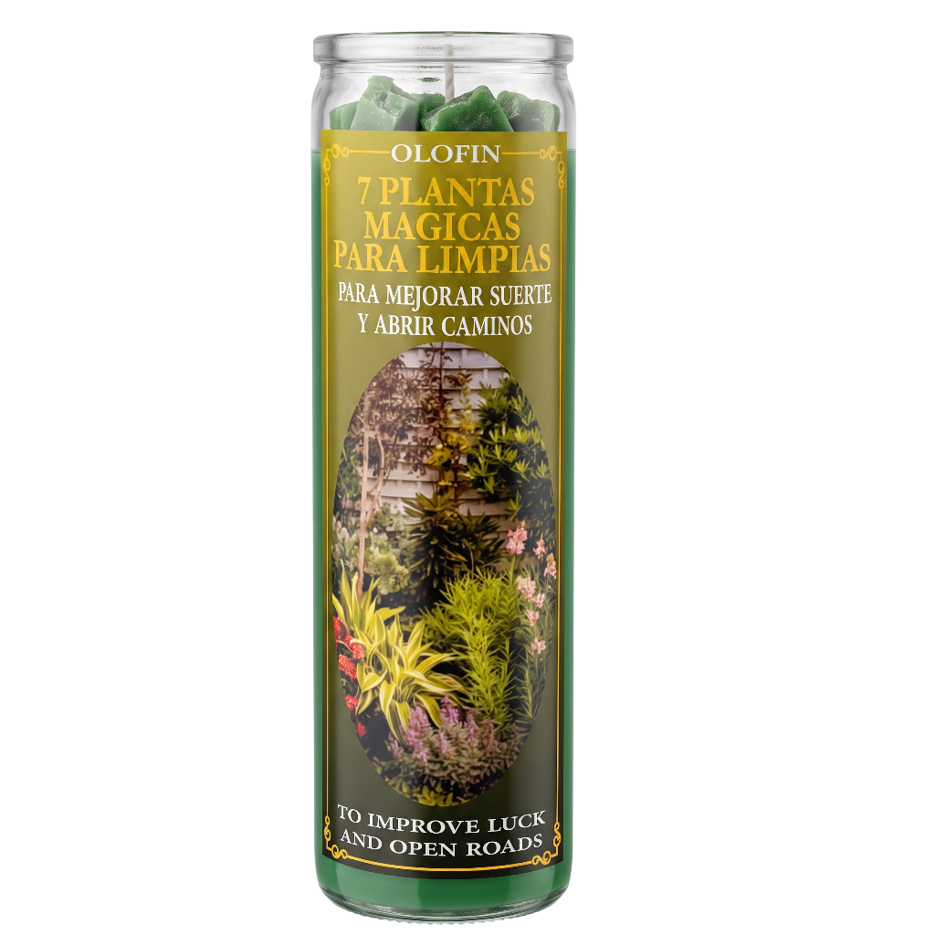 A tall glass jar candle with a green label reading 'OLOFIN 7 Plantas Magicas Para Limpiar' and 'To Improve Luck and Open Roads,' shown on a plain white background.