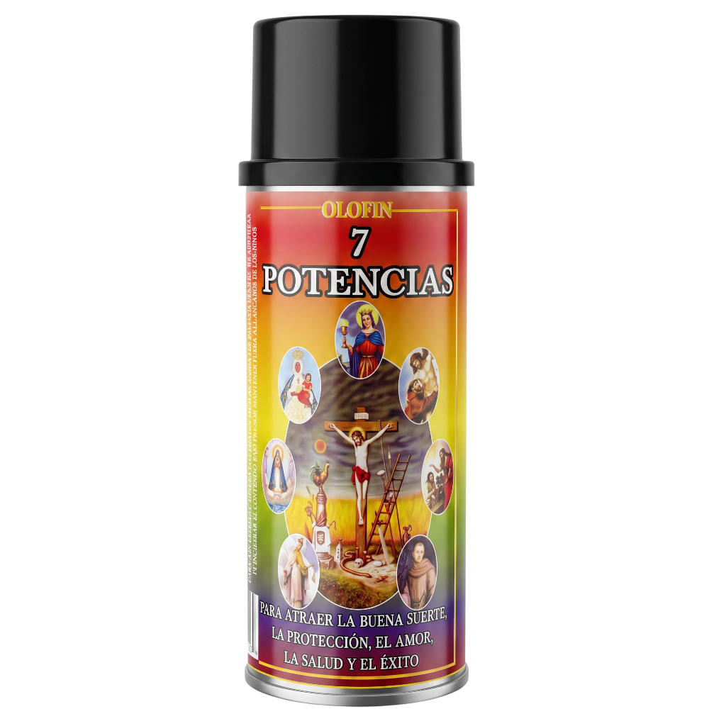A spray can of Olofin 7 Potencias spiritual protection spray, featuring a black cap and a colorful label with religious imagery on a white background.