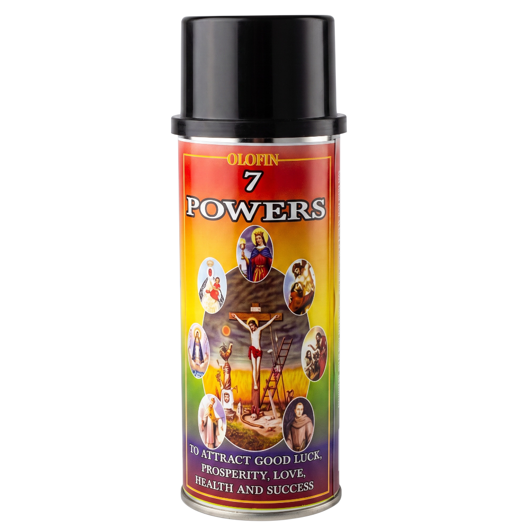 A can of Olorin 7 Powers spray paint with a black cap and a colorful label featuring religious imagery and text promising good luck, prosperity, love, health, and success.
