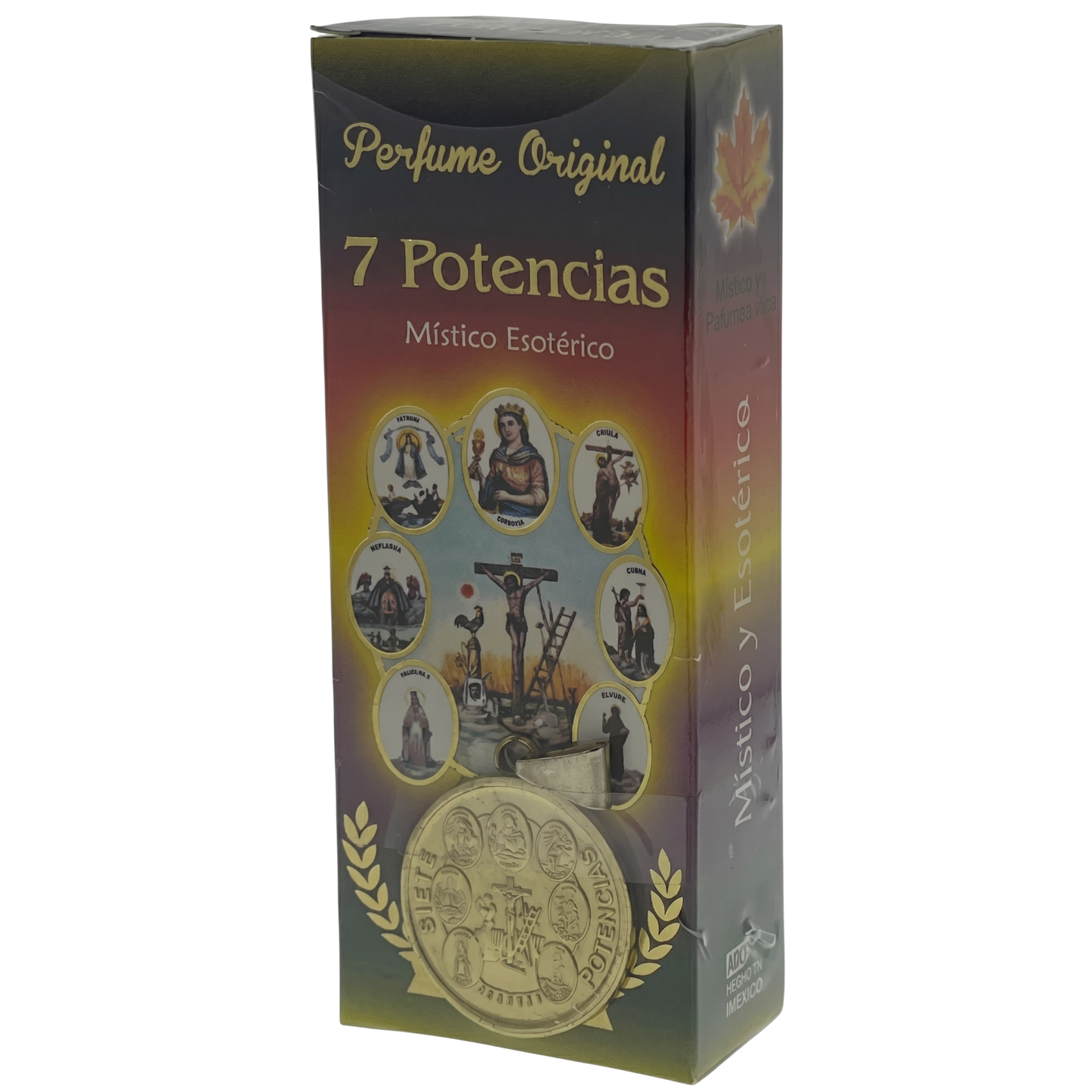 Box of '7 Potencias' perfume with religious iconography on a white background