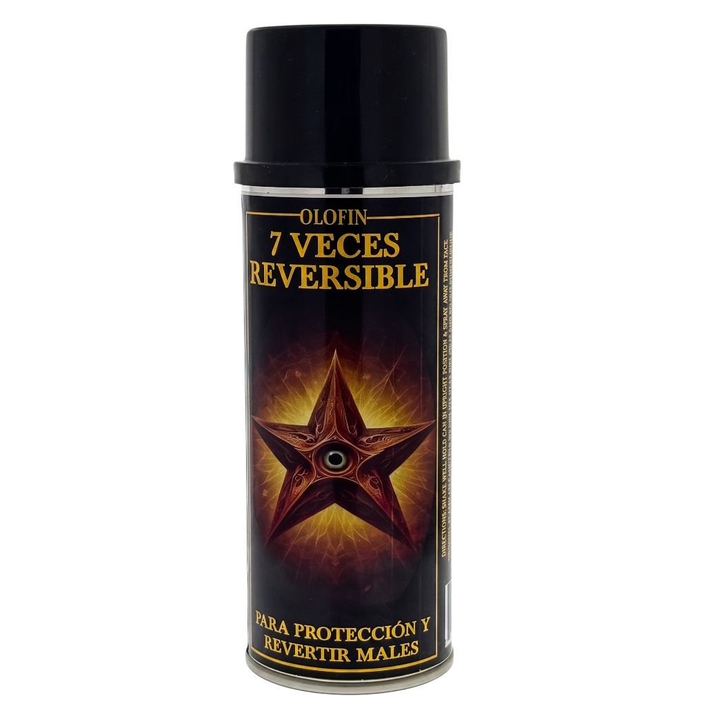 A black aerosol spray can labeled 'Olofin 7 VECES REVERSIBLE' with a fiery star graphic on the front, shown on a plain white background.