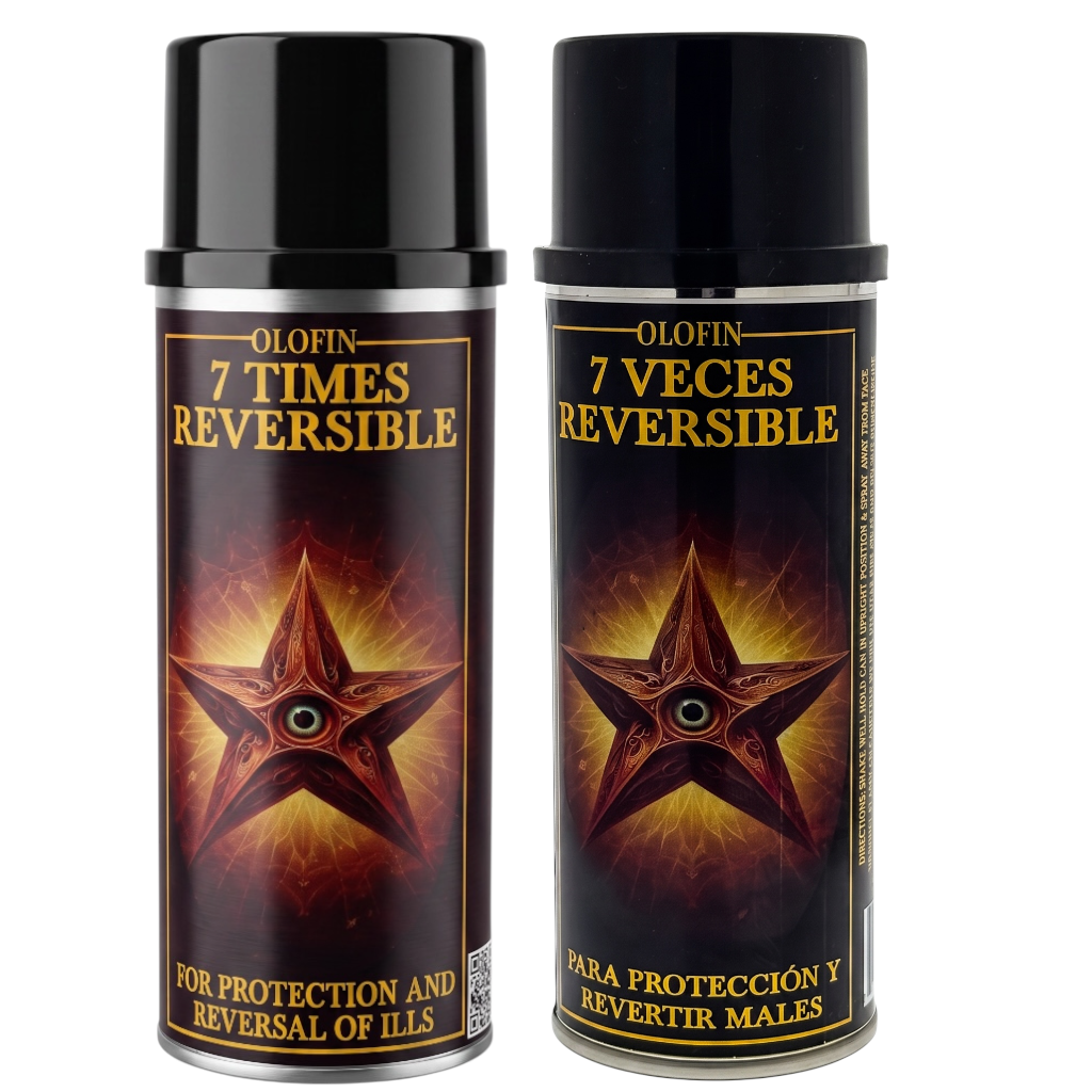 Two black Olofin 7 Times Reversible spray cans with gold lettering and a dark star graphic on a white background.