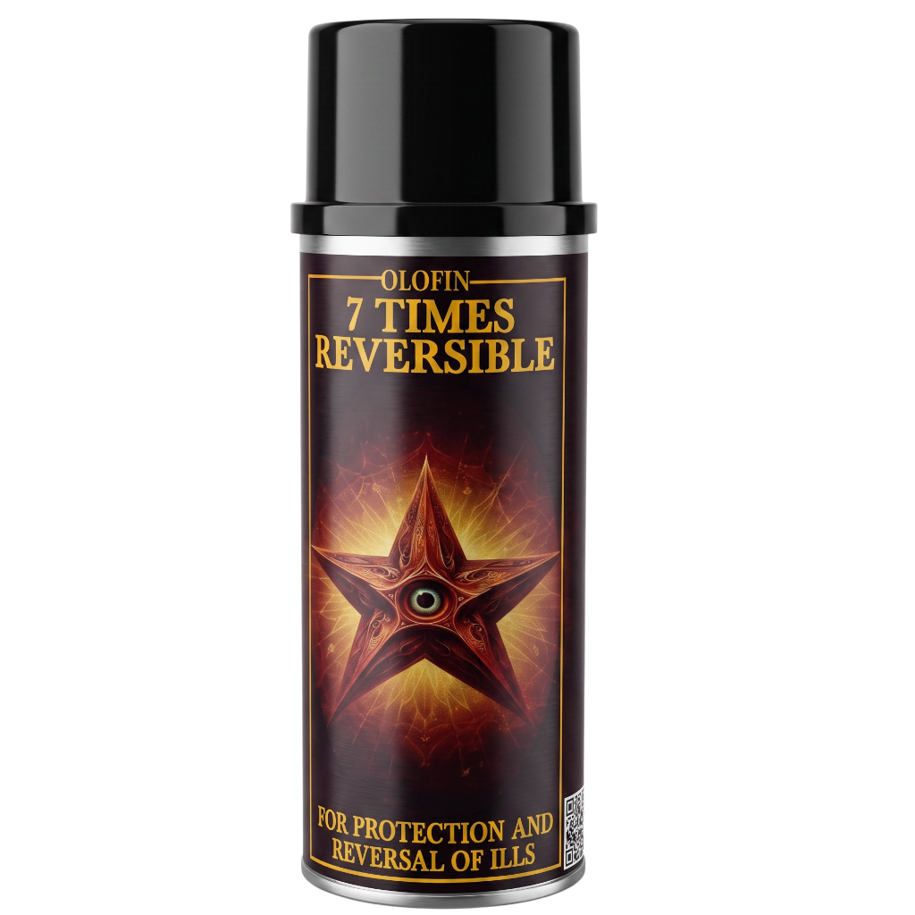A can of Olofin 7 Times Reversible spray for the treatment of Irritable Bowel Syndrome (IBS), featuring a black cap and a dark label with a glowing red and gold star design.