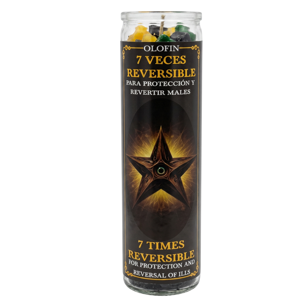A tall glass jar candle with a black label featuring a gold star and Spanish text reading 'Olofin 7 VECES REVERSIBLE'. The candle is shown on a plain white background.
