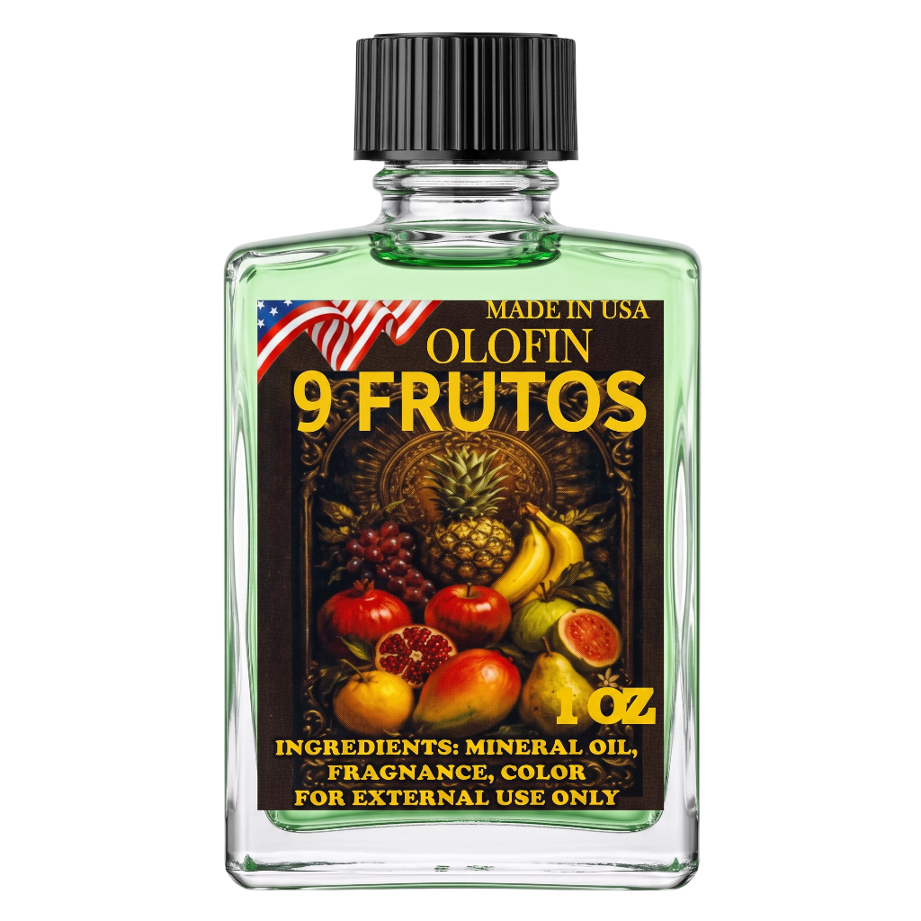 A bottle of Olofin 9 Frutos fragrance oil with a black cap and a colorful label depicting various fruits, set against a plain white background.