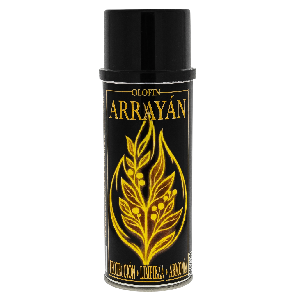 A black aerosol can of Olofin Arrayán home fragrance product, featuring a prominent gold leaf illustration on the label, set against a plain white background.