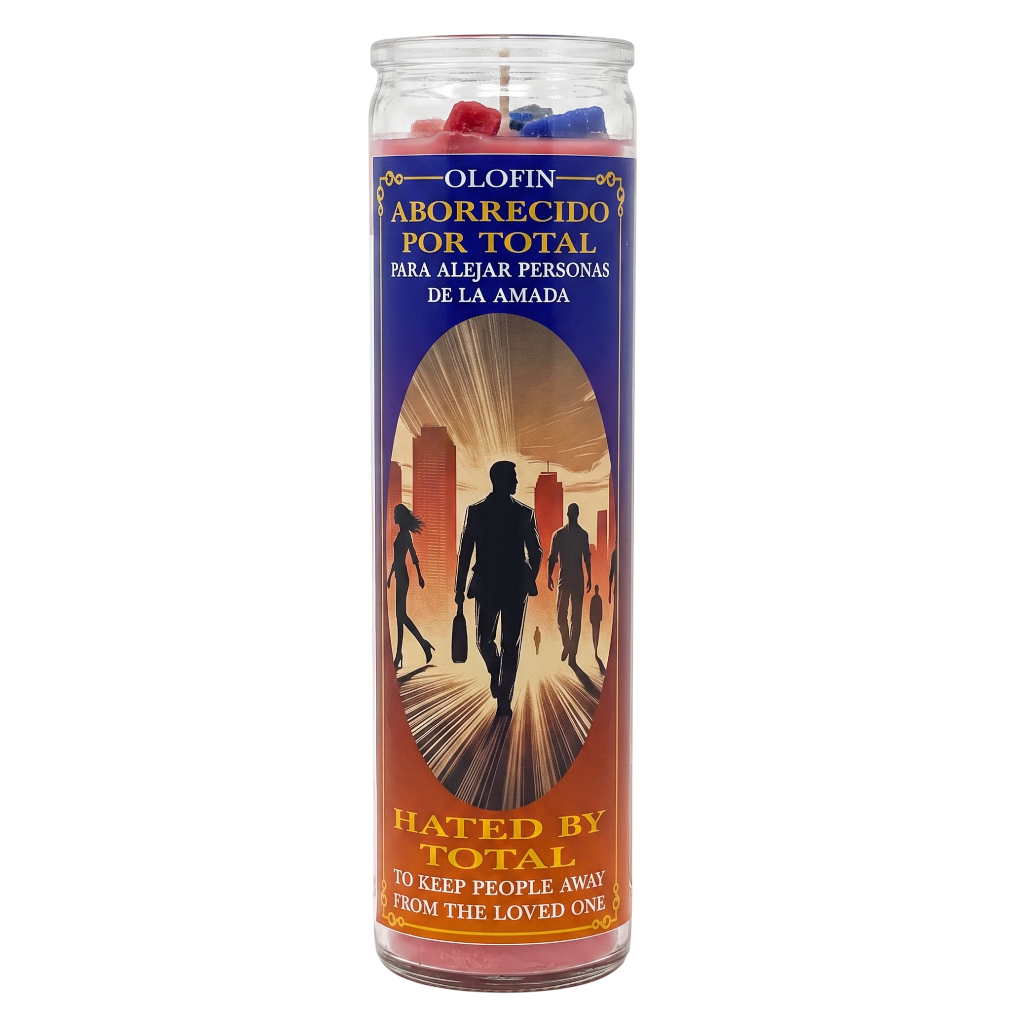 A tall glass prayer candle with a printed label reading 'Olofin Aborrecido Por Total' and 'Hated By Total To Keep People Away From The Loved One.' The candle has red wax at the top and blue wax at the bottom, shown on a plain white background.