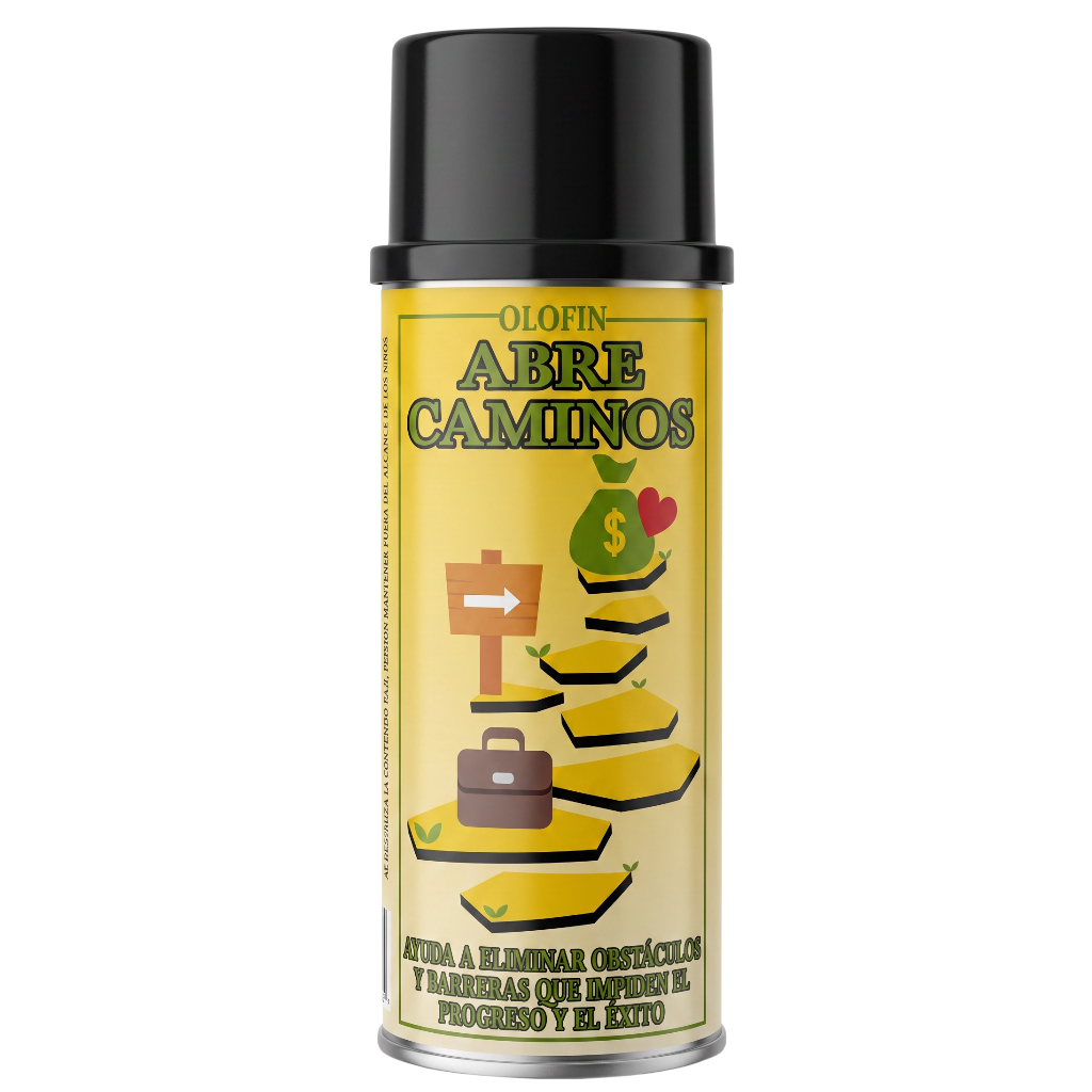 A can of Olofin Abre Caminos spray with a black cap and a yellow label featuring a stack of gold coins, a money sack, and a briefcase on a white background.