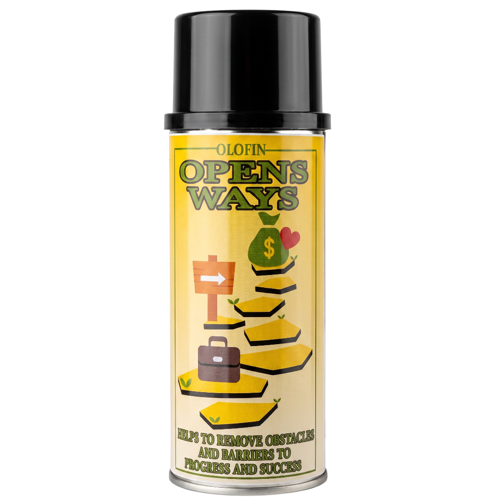 A can of Olofin 'Opens Ways' spray, featuring a black cap and a yellow label with cartoon illustrations of a money bag, briefcase, and path steps.