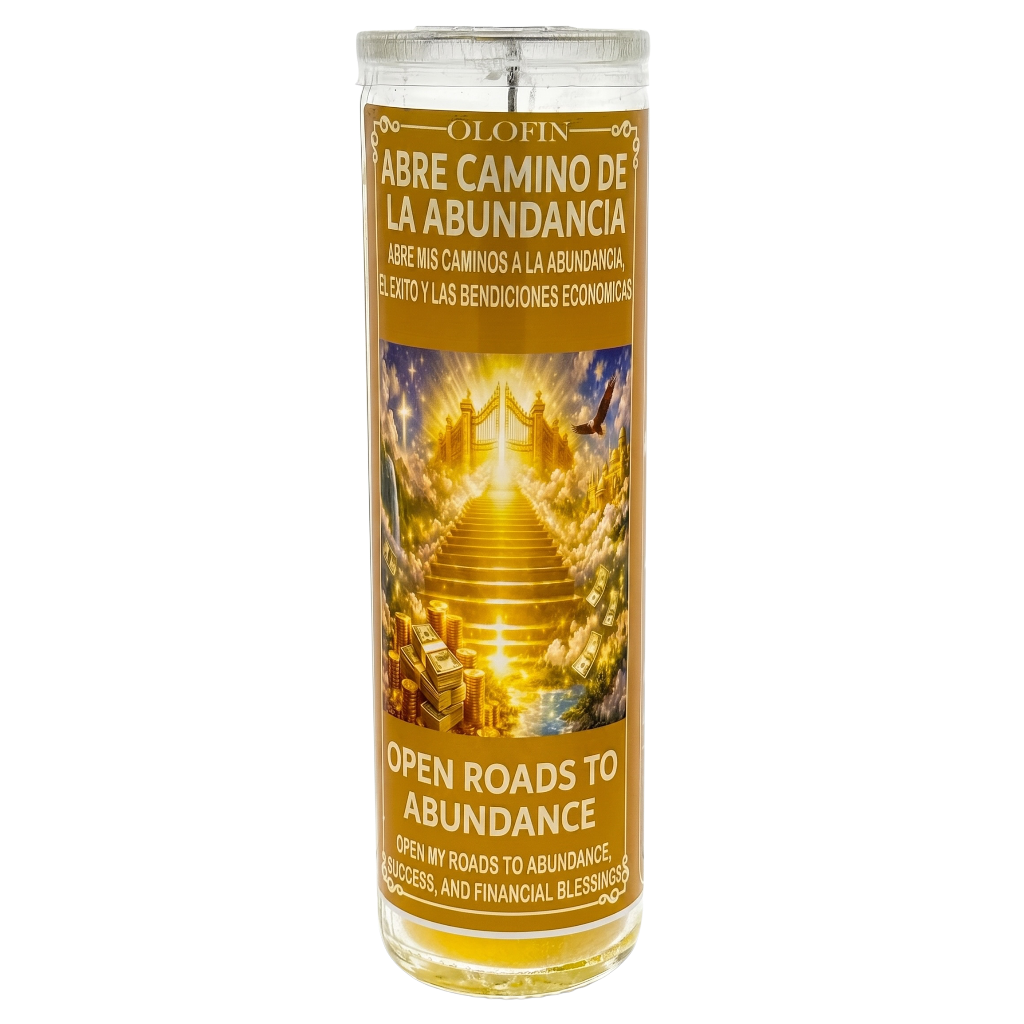 A tall glass prayer candle with a clear lid and a golden label reading 'Olofin' and 'Abre Camino de la Abundancia' with an illustration of a glowing staircase, on a white background.
