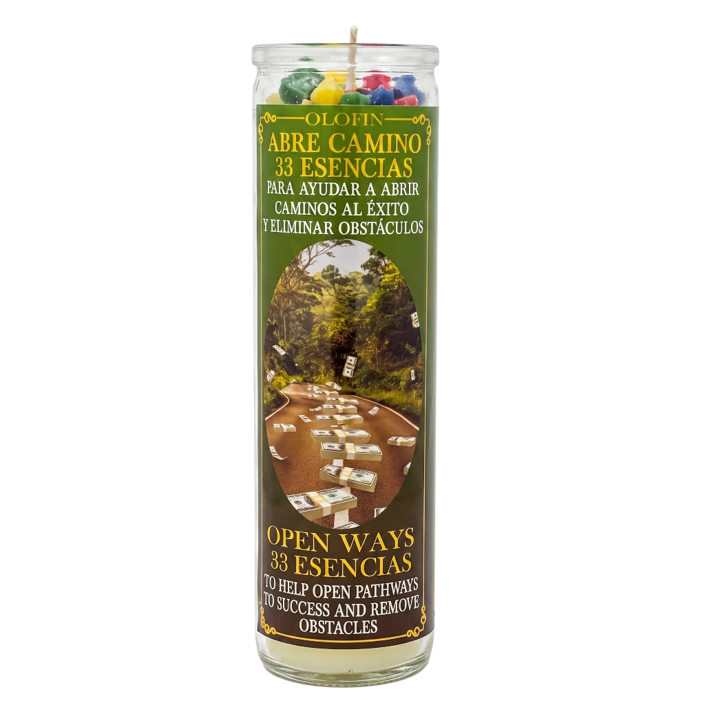 A tall glass jar candle with a green and gold label reading 'Olofin Abre Camino 33 Esencias' and 'Open Ways 33 Esencias,' shown on a plain white background.