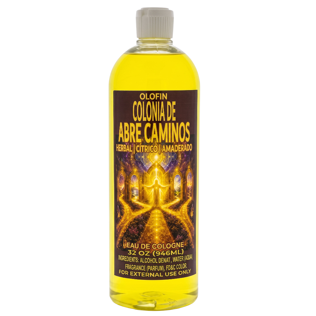 A 32 oz plastic bottle of Olofin Colonia de Abre Caminos herbal cologne with a white cap, filled with yellow liquid and featuring a dark brown label with a golden cathedral illustration.