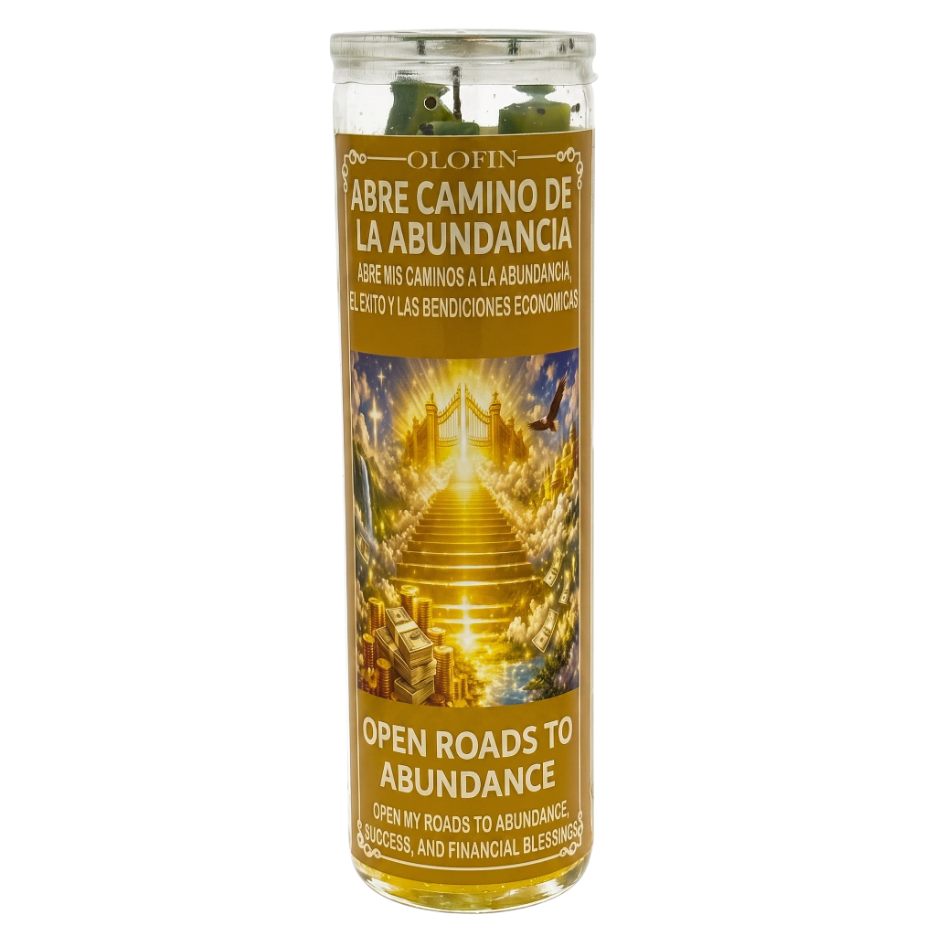 A tall glass jar candle with a gold and brown label reading 'Olofin' and 'Abre Camino de la Abundancia' with an illustration of a glowing staircase, on a white background.