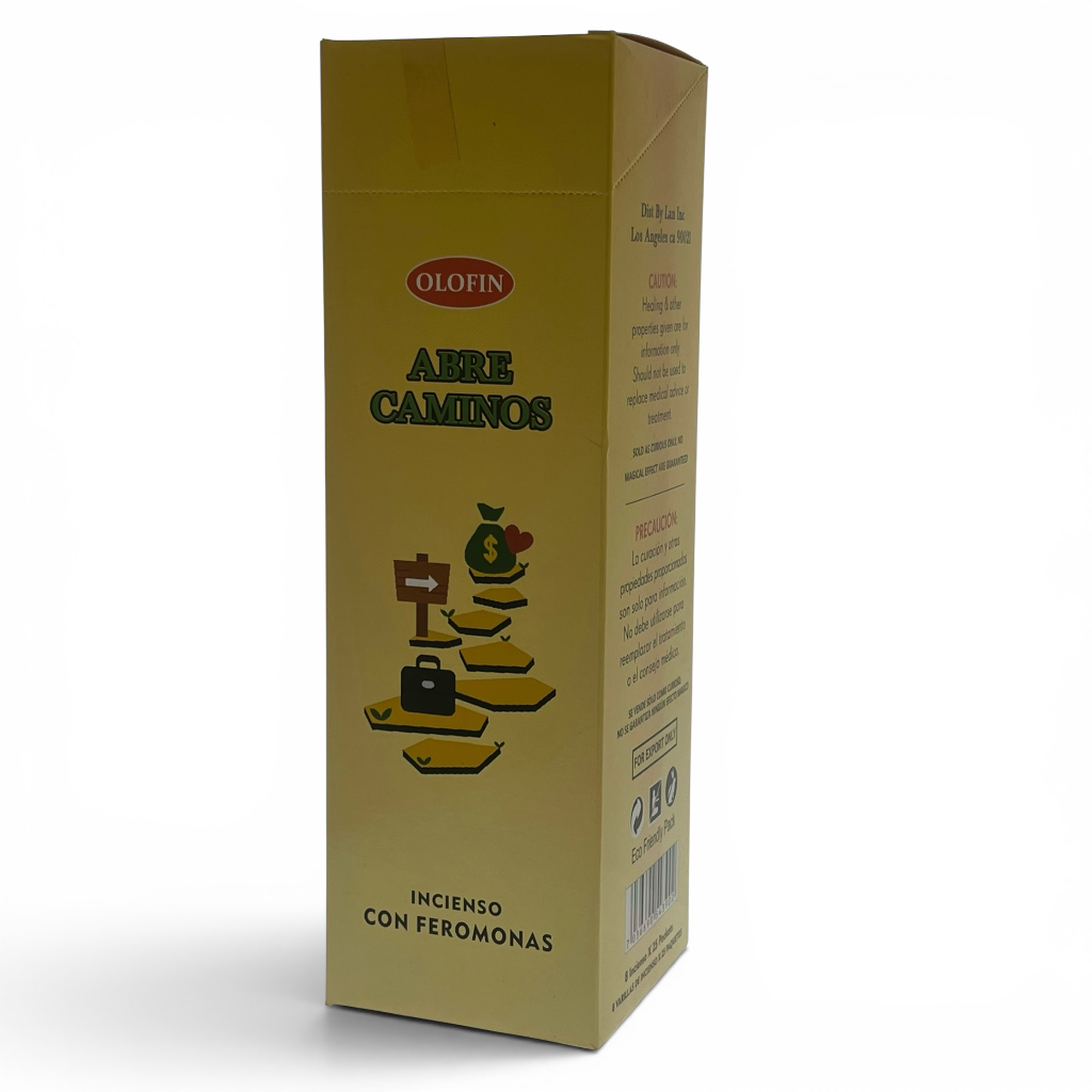 A tall rectangular box of Olofin 'Arre Caminos' incense with feromonas, shown on a plain white background with a soft shadow.