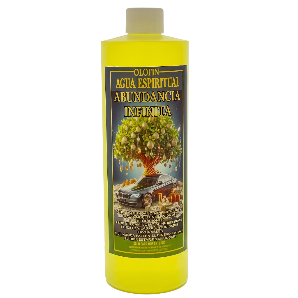 A 16oz plastic bottle of Olofin Agua Espiritual Abundancia Infinita, filled with bright yellow liquid and featuring a dark label with a tree of life and a car illustration.