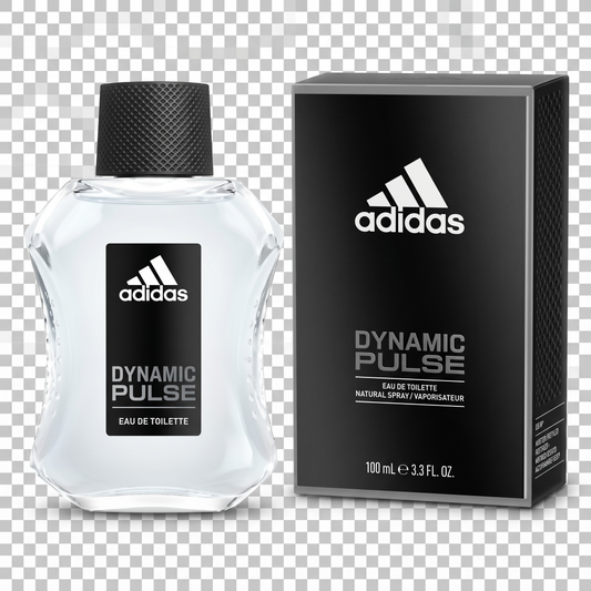 Adidas Dynamic Pulse perfume bottle and packaging on a transparent background