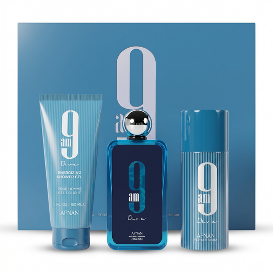 Afnan perfume set with blue bottles and packaging on a white background