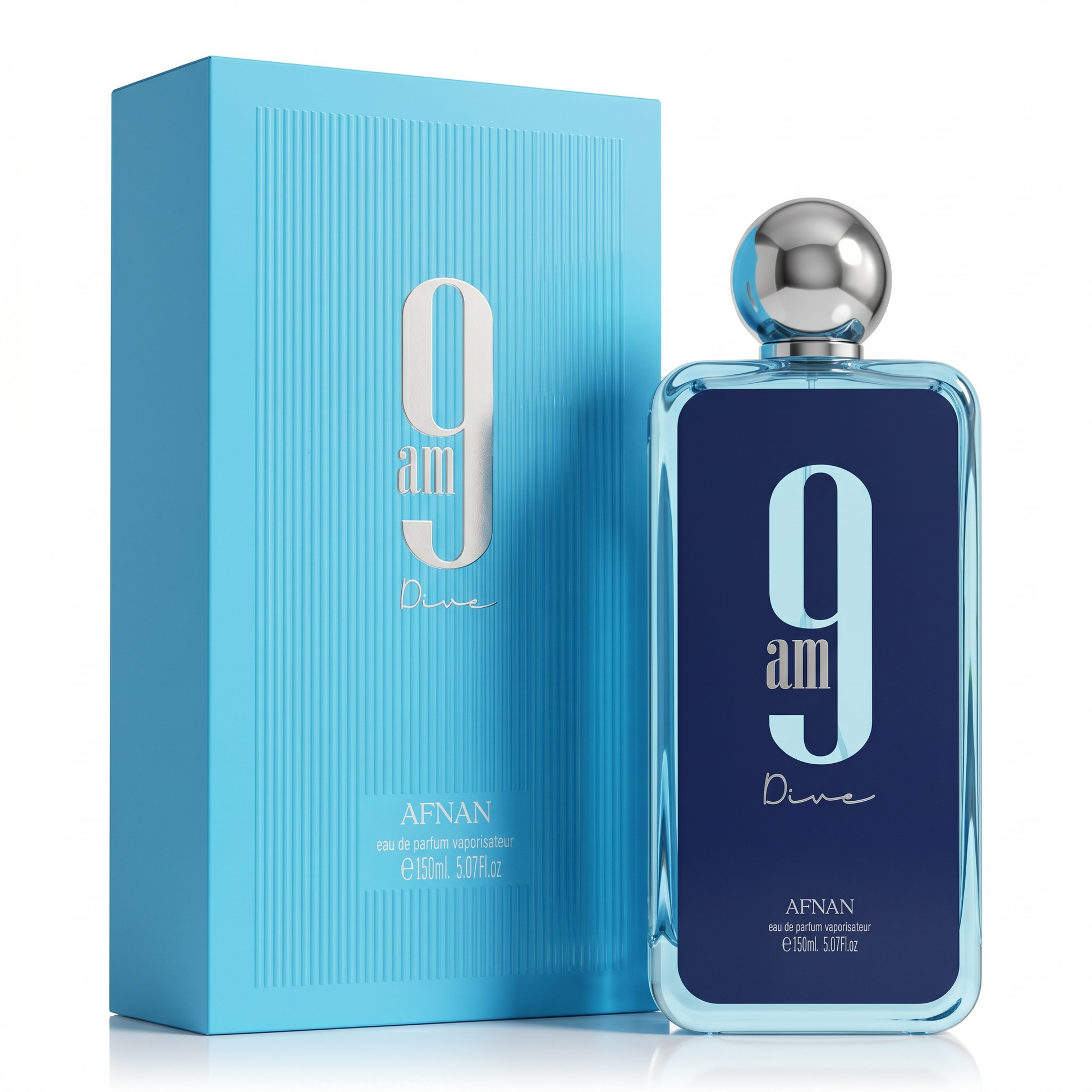 Afnan 9 am Dive perfume bottle and packaging on a white background