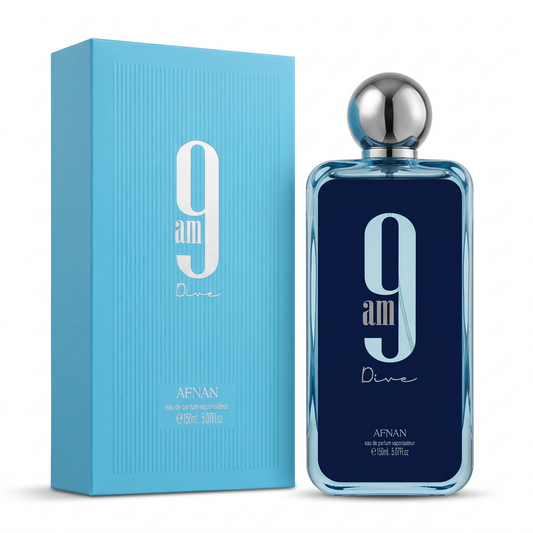 Perfume bottle and packaging of 9 am Dive by Afnan on a white background