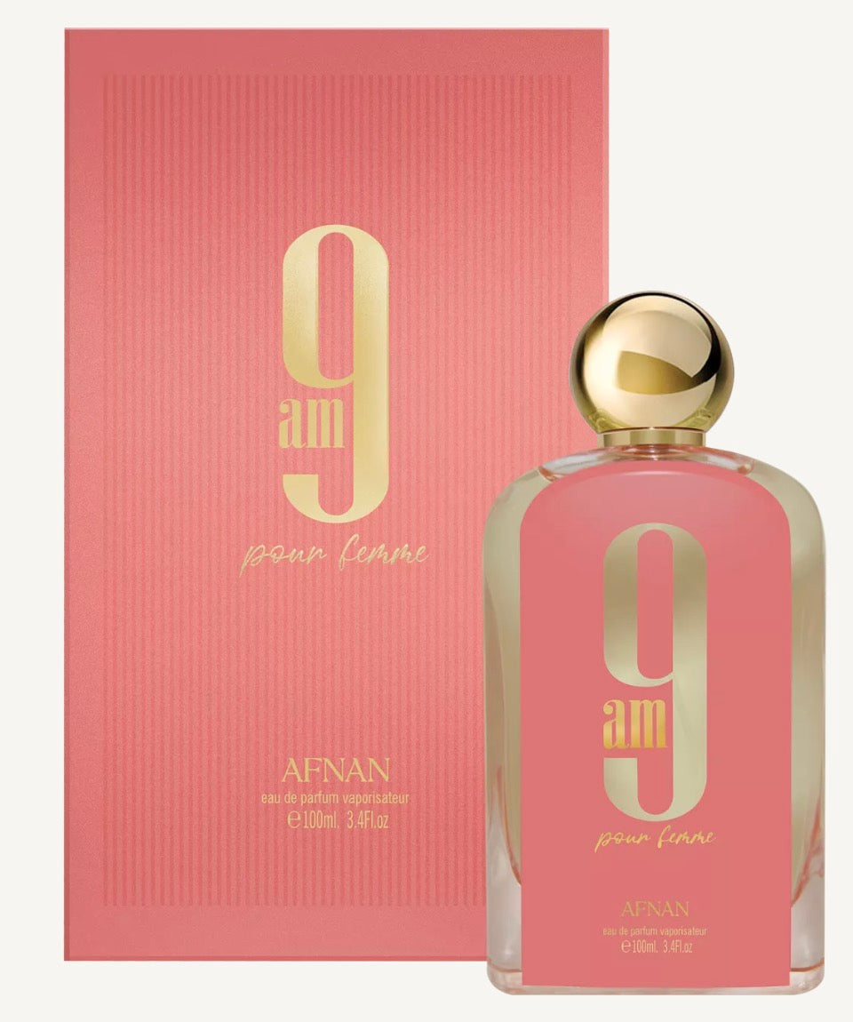 Afnan 9 am pour Femme perfume bottle and packaging on a white background