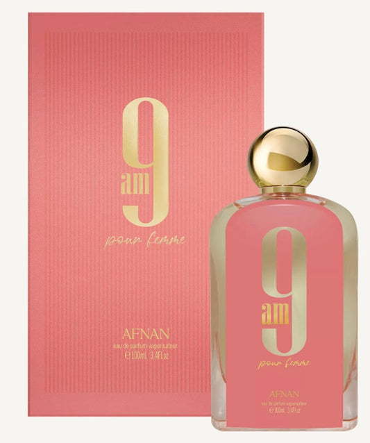 Afnan 9 am pour Femme perfume bottle and packaging on a white background