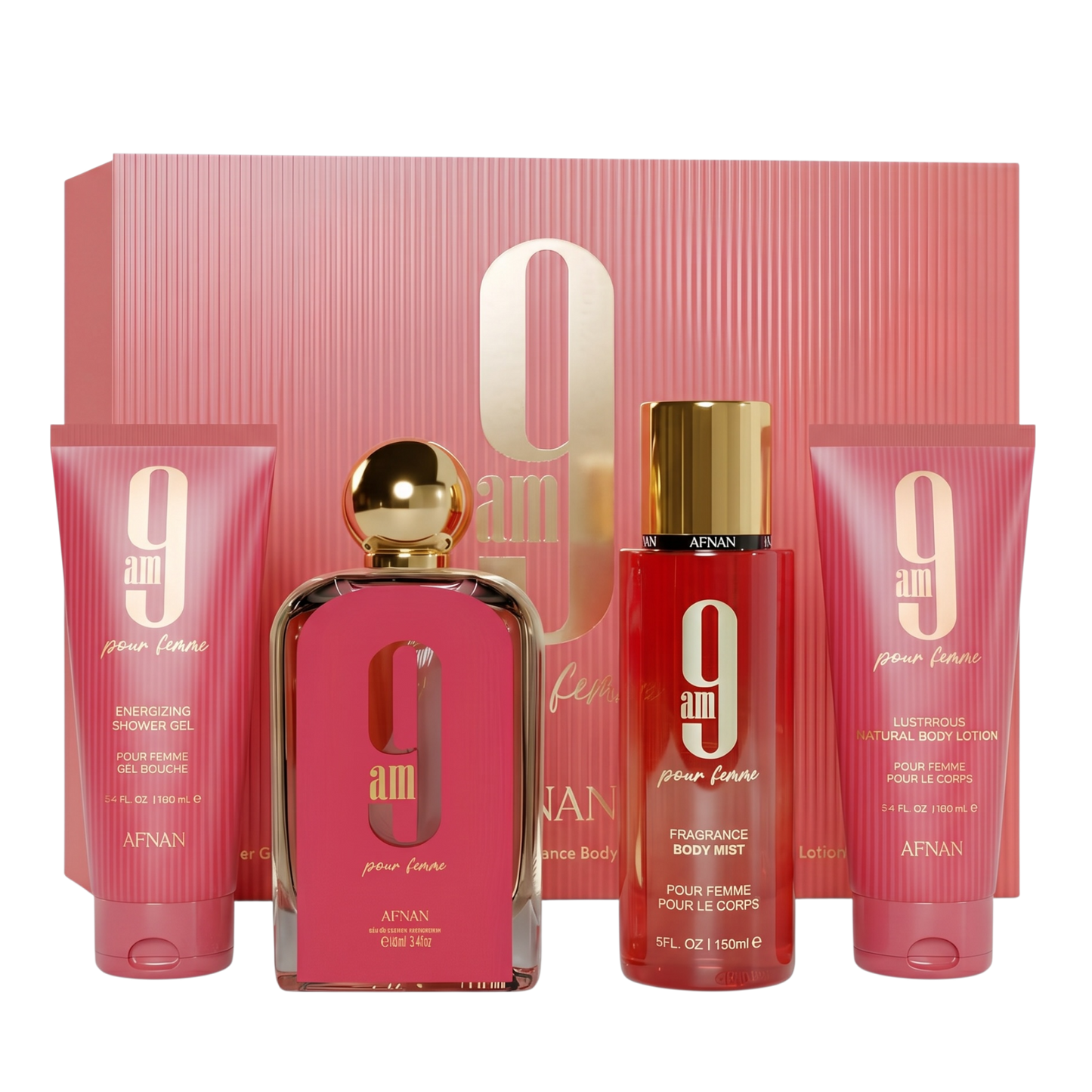 Afnan perfume set with pink and red bottles and packaging on a white background